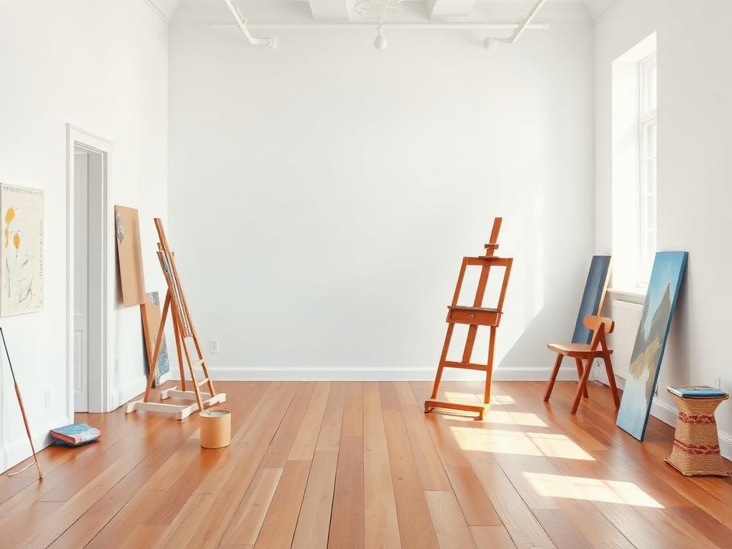Interior, North Light — acrylic painting of an artist studio with easel and canvases, 60 × 45 cm, 2025