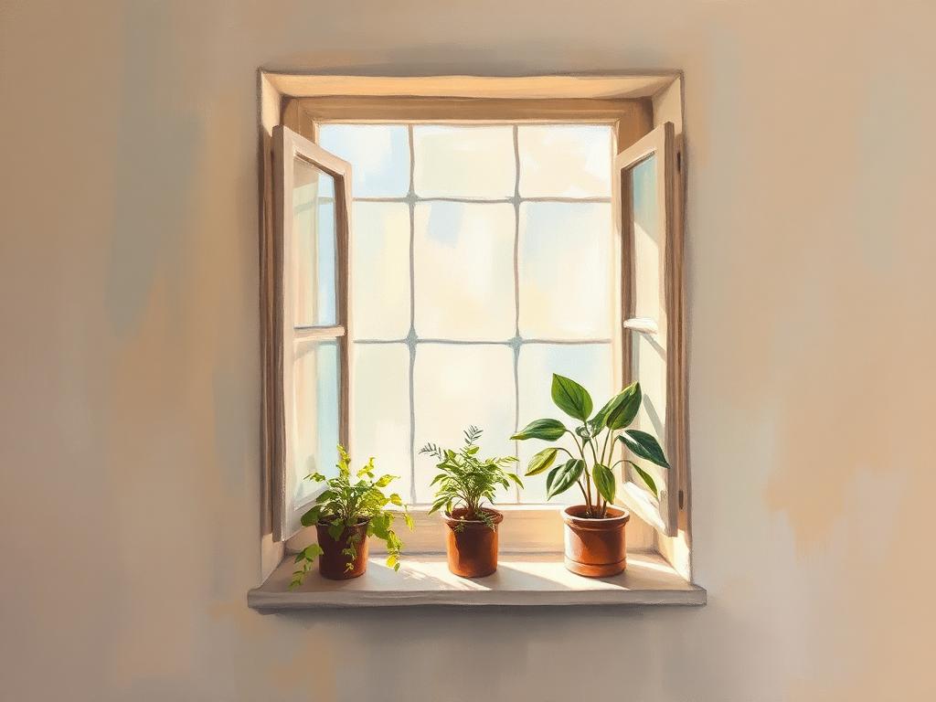 Studio Window — oil painting of a sunlit window with potted plants, 90 × 70 cm, 2024